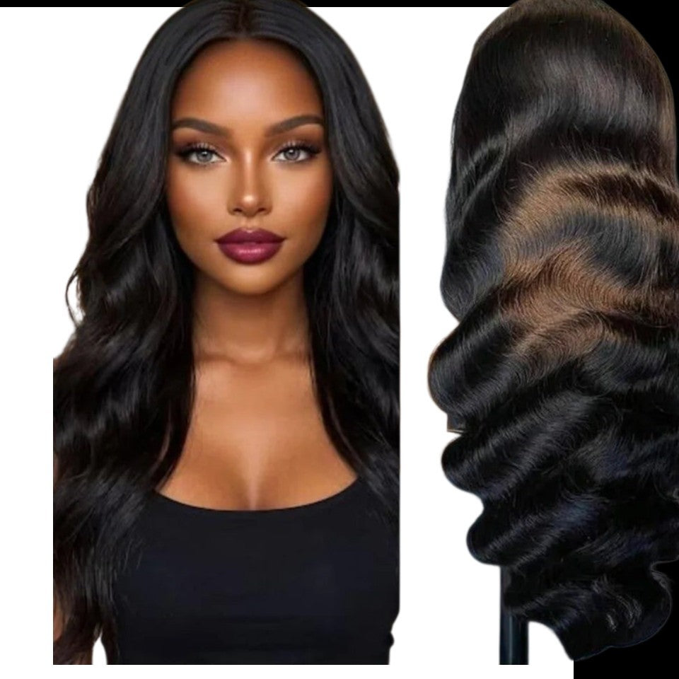 RitzWigs loose body wave human hair lace front wig with pre-plucked hairline on a model with dark wavy hair.