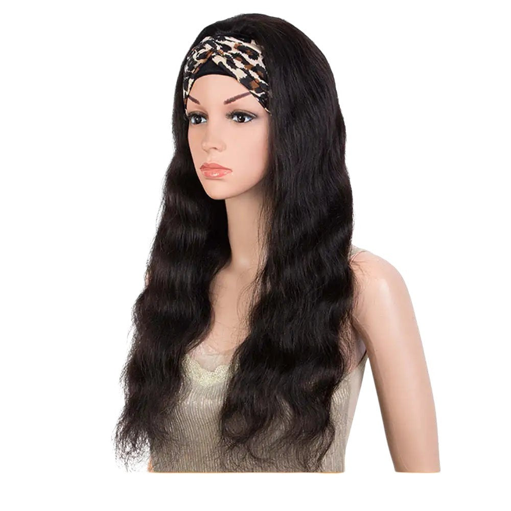 RitzWigs long body wave human hair wig with a leopard print headband on a mannequin