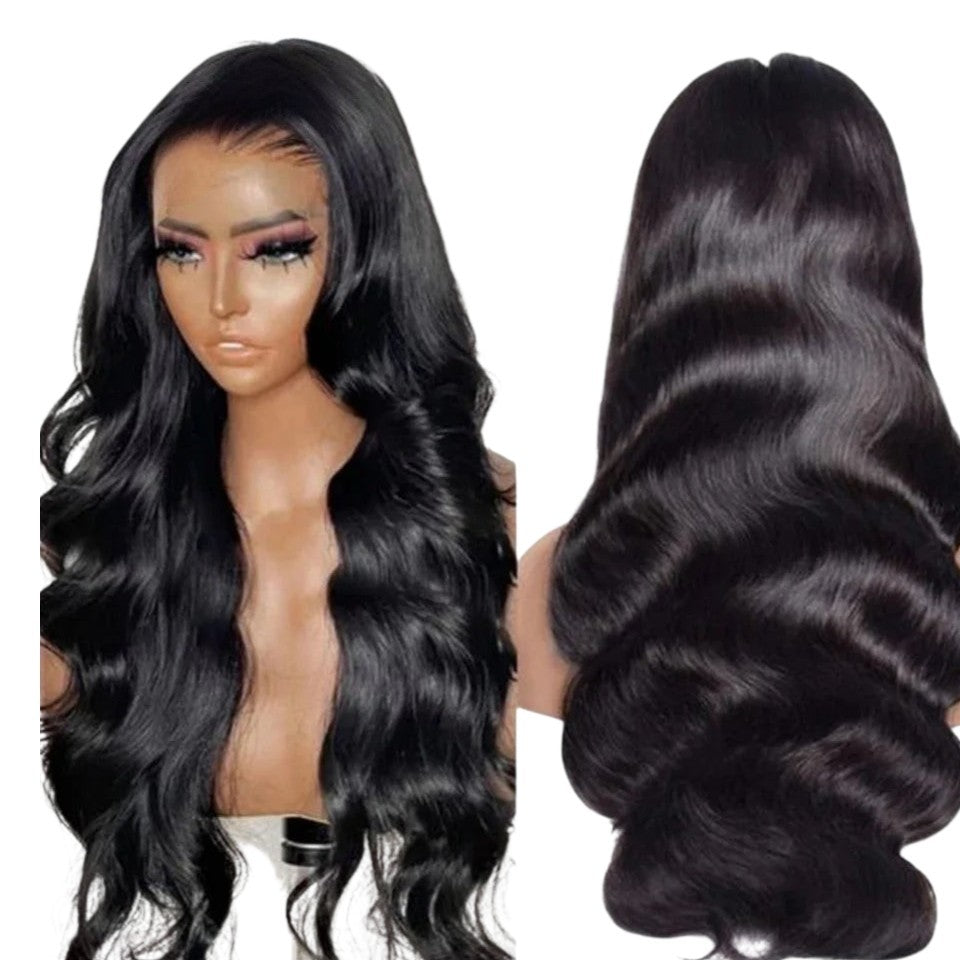 RitzWigs body wave human hair lace front wig with pre-plucked hairline and natural black wavy texture on mannequin