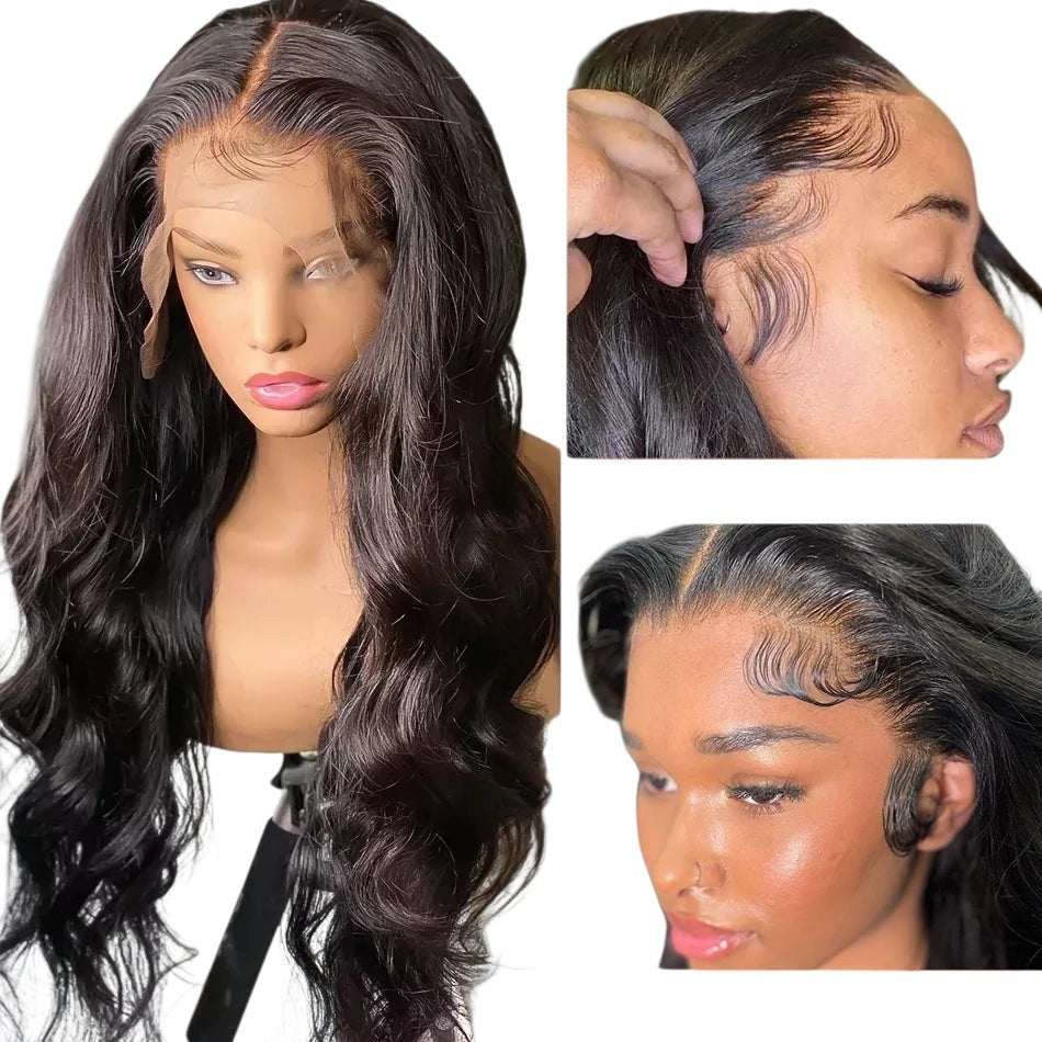 RitzWigs body wave human hair lace front wig with pre-plucked natural hairline and baby hair on a mannequin and model