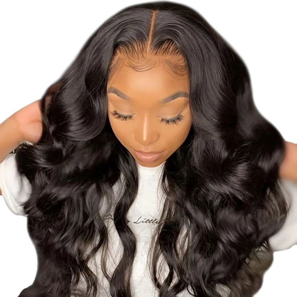 RitzWigs body wave human hair lace front wig with a natural pre-plucked hairline and baby hairs on a model.