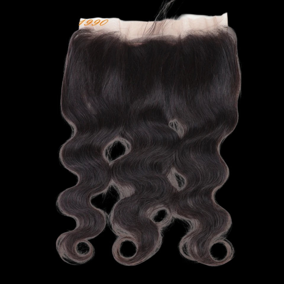 RitzWigs Brazilian human hair body wave lace frontal closure with transparent Swiss lace and 180% density.