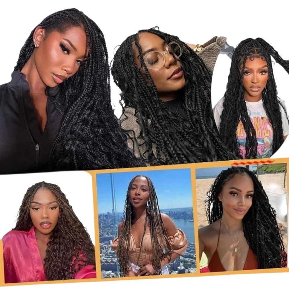 RitzWigs crochet boho box braids with curly human hair extensions on diverse models in various styles