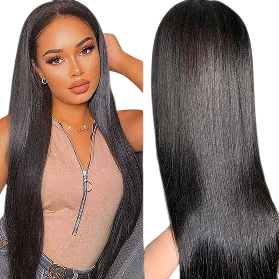 RitzWigs bone straight human hair lace front wig with transparent lace on a model showing front and back views
