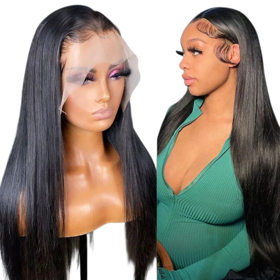 RitzWigs bone straight human hair lace front wig with transparent Swiss lace on a mannequin and worn by a model.