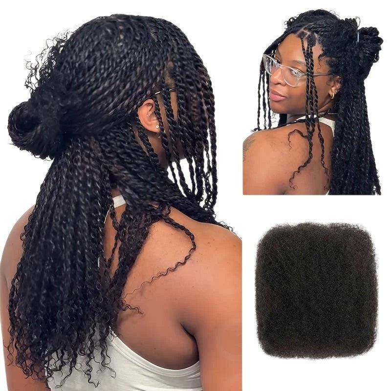 RitzWigs Brazilian human hair afro kinky bulk extensions styled in half-up twists on a woman with glasses.