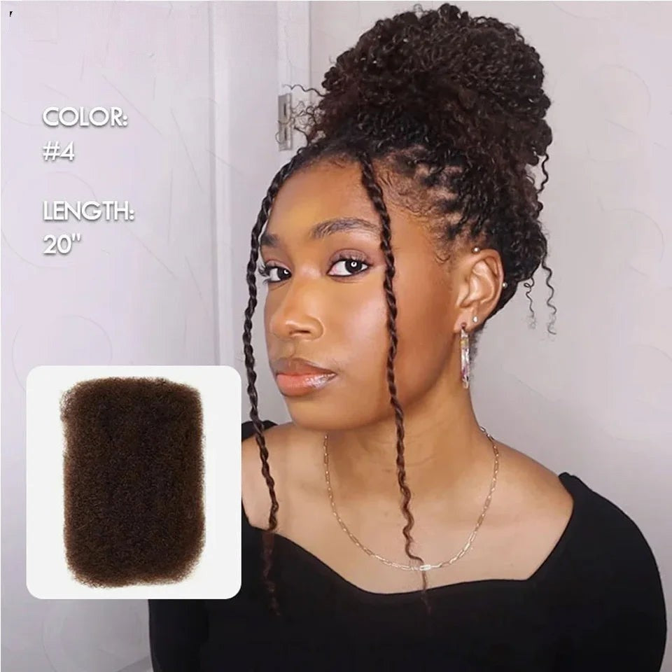 RitzWigs Brazilian afro kinky bulk human hair in dark brown, styled in a high bun with face-framing twists.