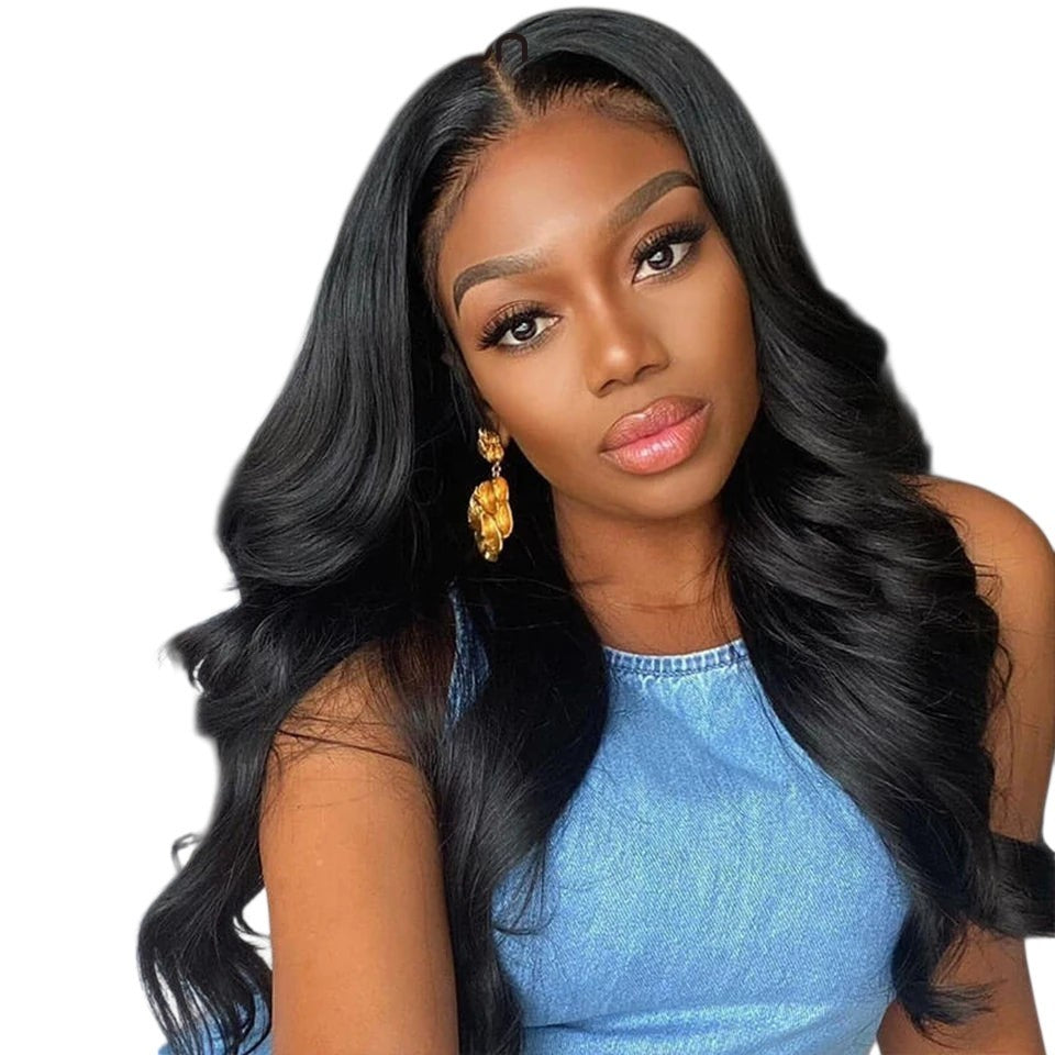 RitzWigs Brazilian body wave human hair lace front wig with pre-plucked hairline and natural black wavy texture