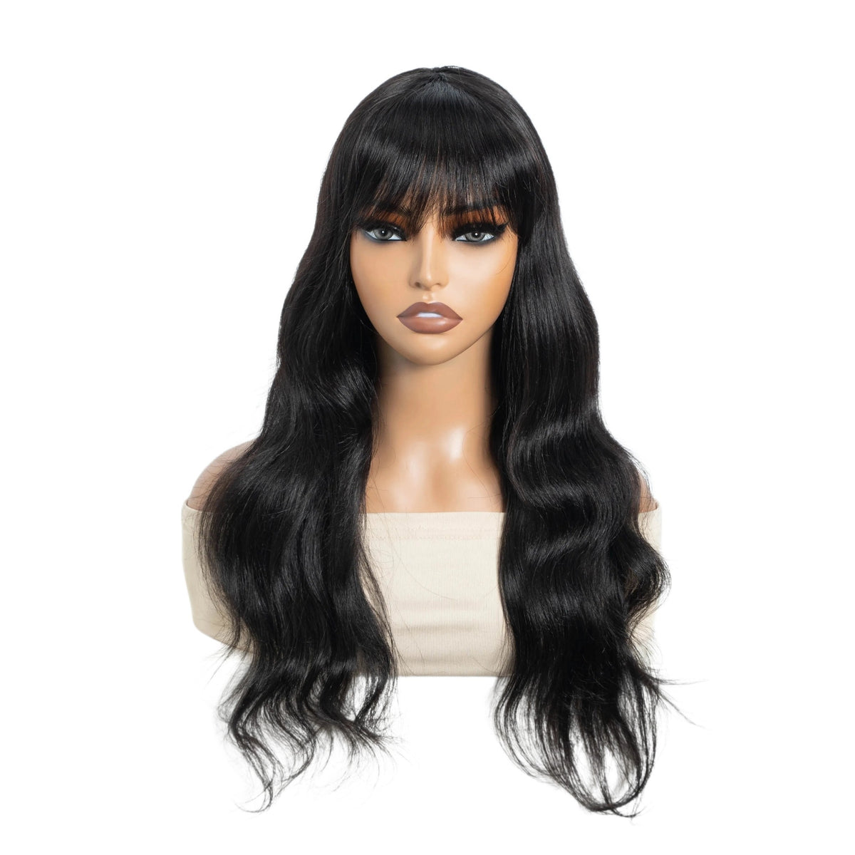 RitzWigs Brazilian human hair body wave wig with bangs in natural black, displayed on a mannequin head.