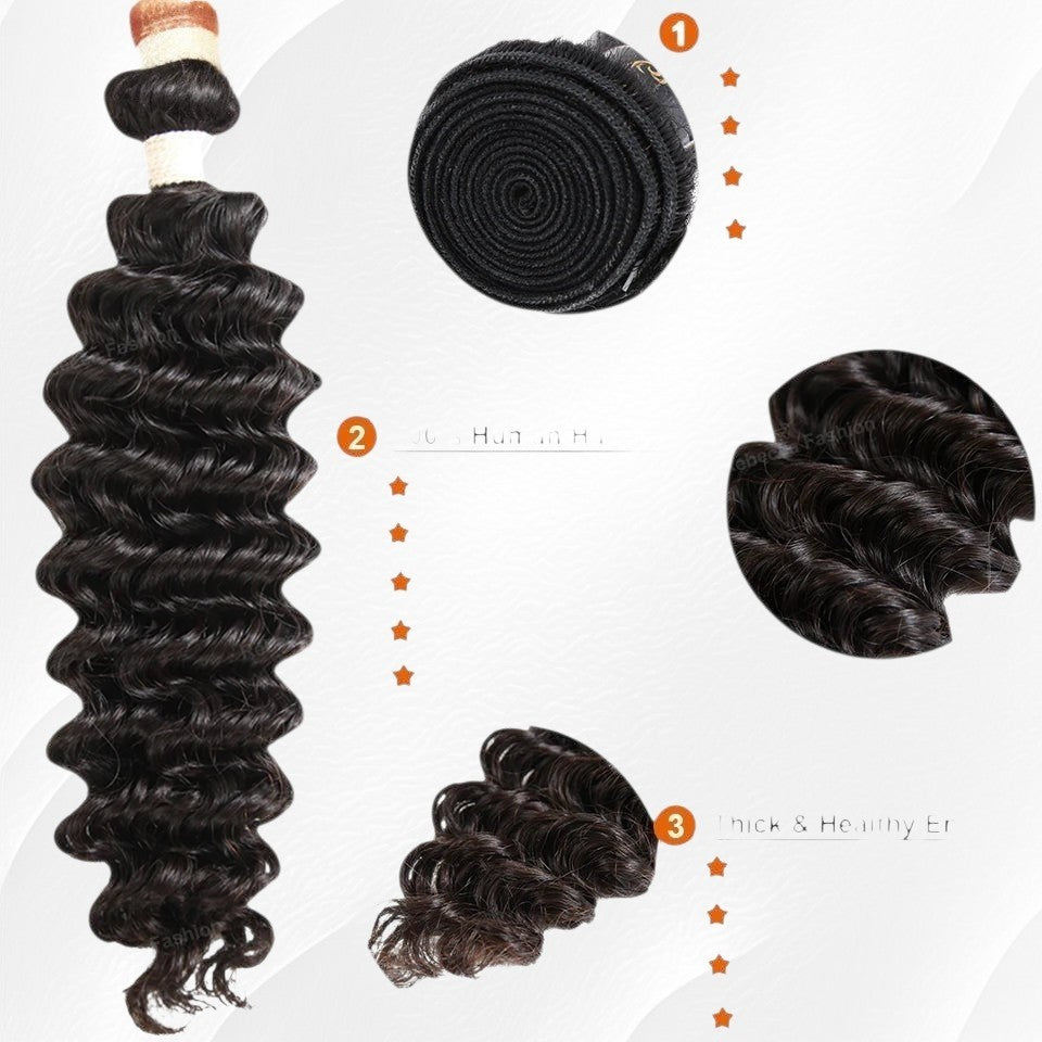 RitzWigs Brazilian deep wave Remy human hair bundles with a lace closure featuring thick, curly black hair texture.