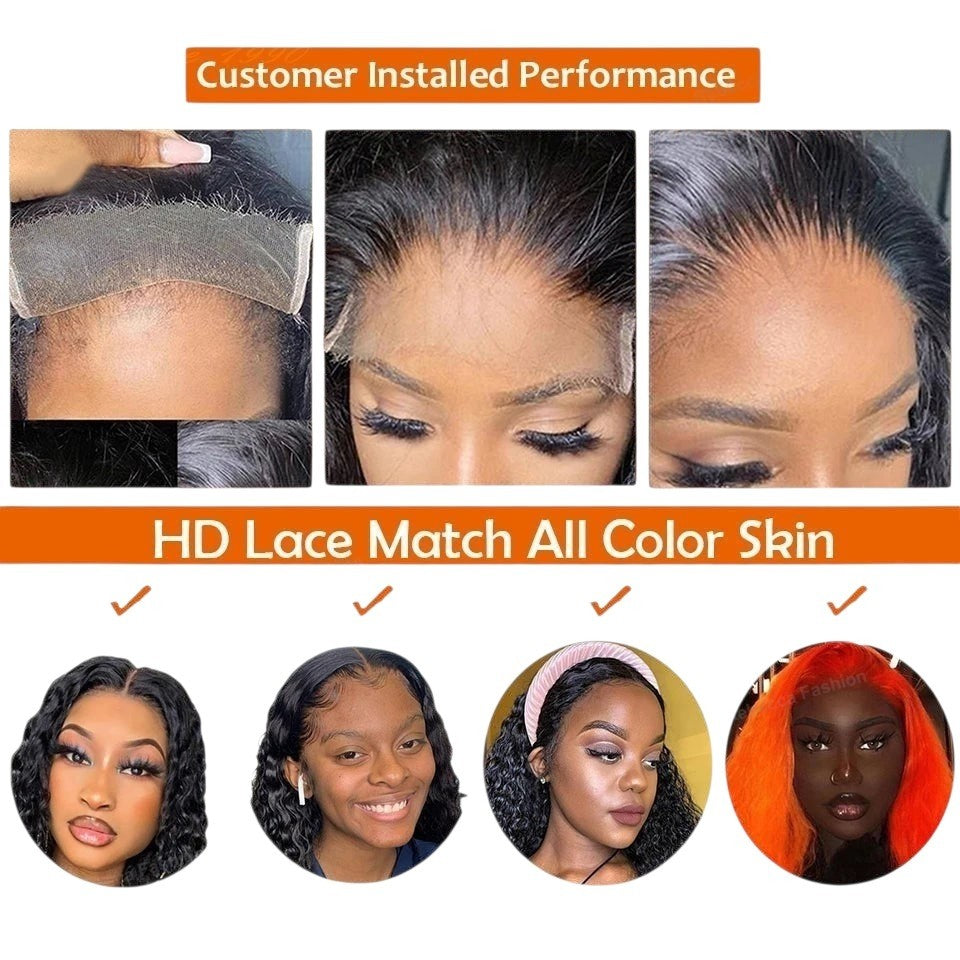 RitzWigs Brazilian deep wave human hair bundles with transparent HD lace closure shown on diverse models