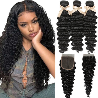 RitzWigs Brazilian deep wave human hair bundles with transparent lace closure worn by a model with curly black hair