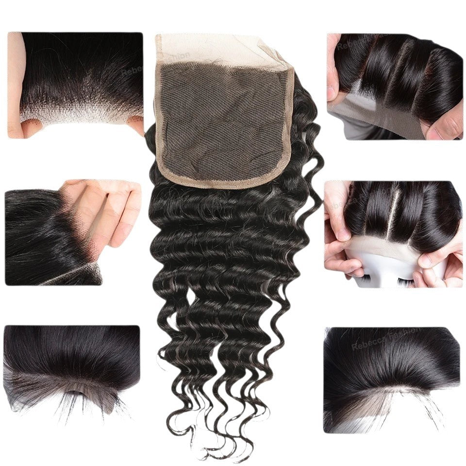 RitzWigs Brazilian deep wave human hair bundles with a transparent lace closure showing detailed hair texture and knots