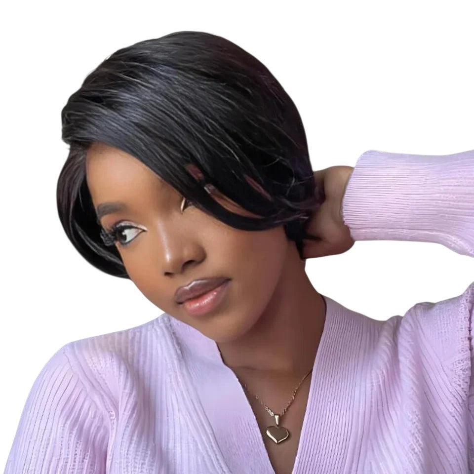 RitzWigs Brazilian human hair pixie bob wig with side-swept bangs on a model wearing a light pink cardigan