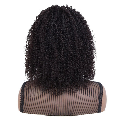 RitzWigs Brazilian Jerry curly human hair headband wig on a mannequin, showing back view of the voluminous black curls.