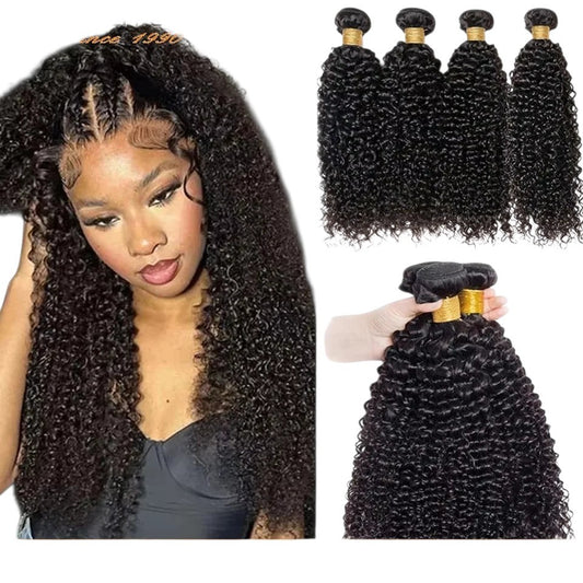 RitzWigs Brazilian kinky curly human hair bundles with a model wearing the natural black wet and wavy hair texture.