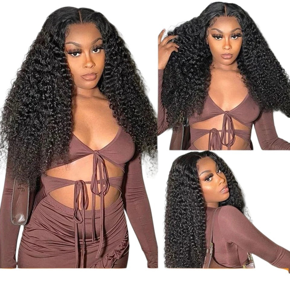 RitzWigs Brazilian kinky curly human hair extensions worn by a model with long voluminous black wet and wavy curls