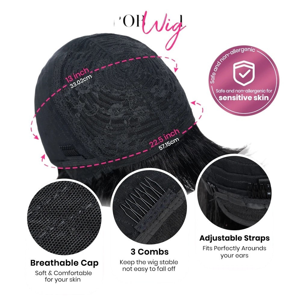 RitzWigs breathable black wig cap with adjustable straps, three combs, and inner mesh for a secure, comfortable fit.