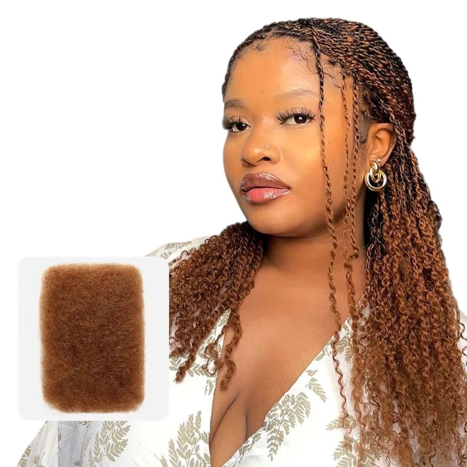 RitzWigs mixed brown afro kinky bulk human hair extensions worn by a model in 22-inch mini twists for loc repair