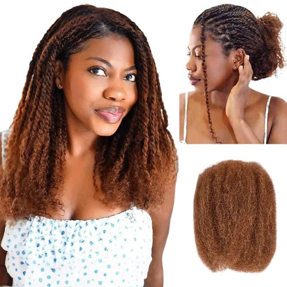 RitzWigs mixed brown afro kinky bulk human hair extensions for dreadlocks and twists worn by a model