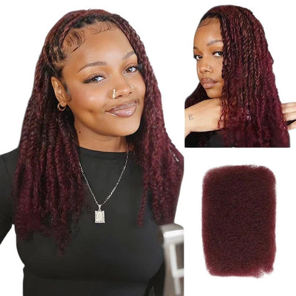 RitzWigs mixed brown afro kinky bulk human hair extensions worn by a model with styled twists and locs.