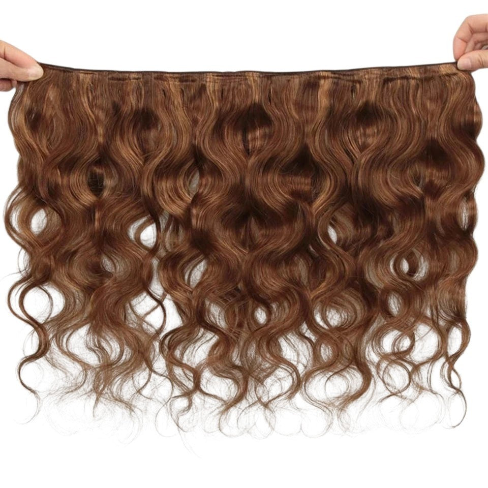 RitzWigs body wave human hair weave bundle in brown with blonde highlights, featuring a machine double weft.