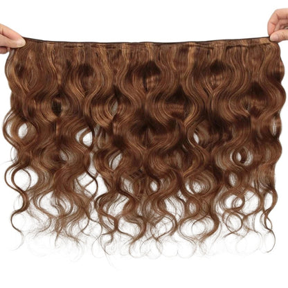 RitzWigs body wave human hair weave bundle in brown with blonde highlights, featuring a machine double weft.