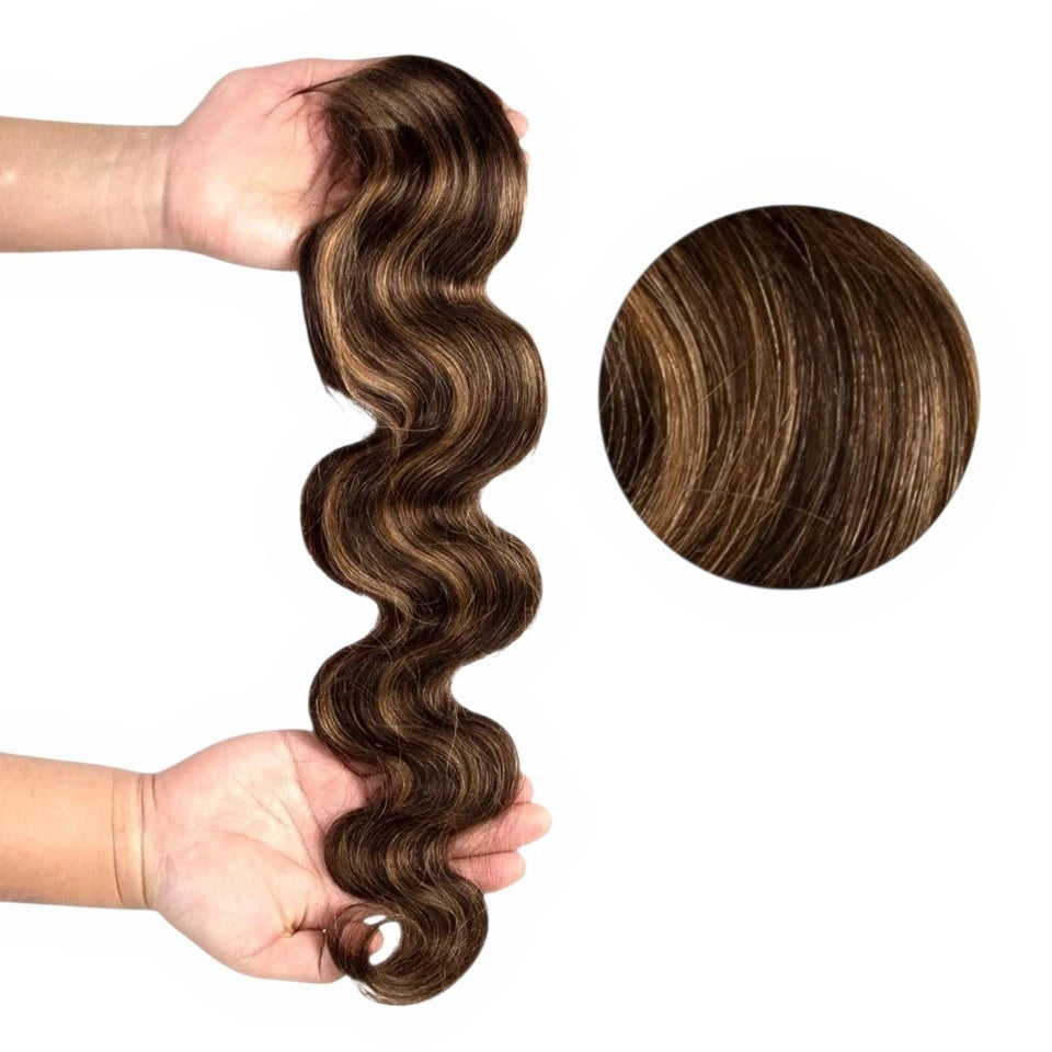 RitzWigs body wave human hair bundle in brown with blonde highlights, featuring a soft, wavy texture.
