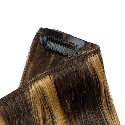 RitzWigs brown and blonde highlighted straight human hair clip-in extensions with secure black clips