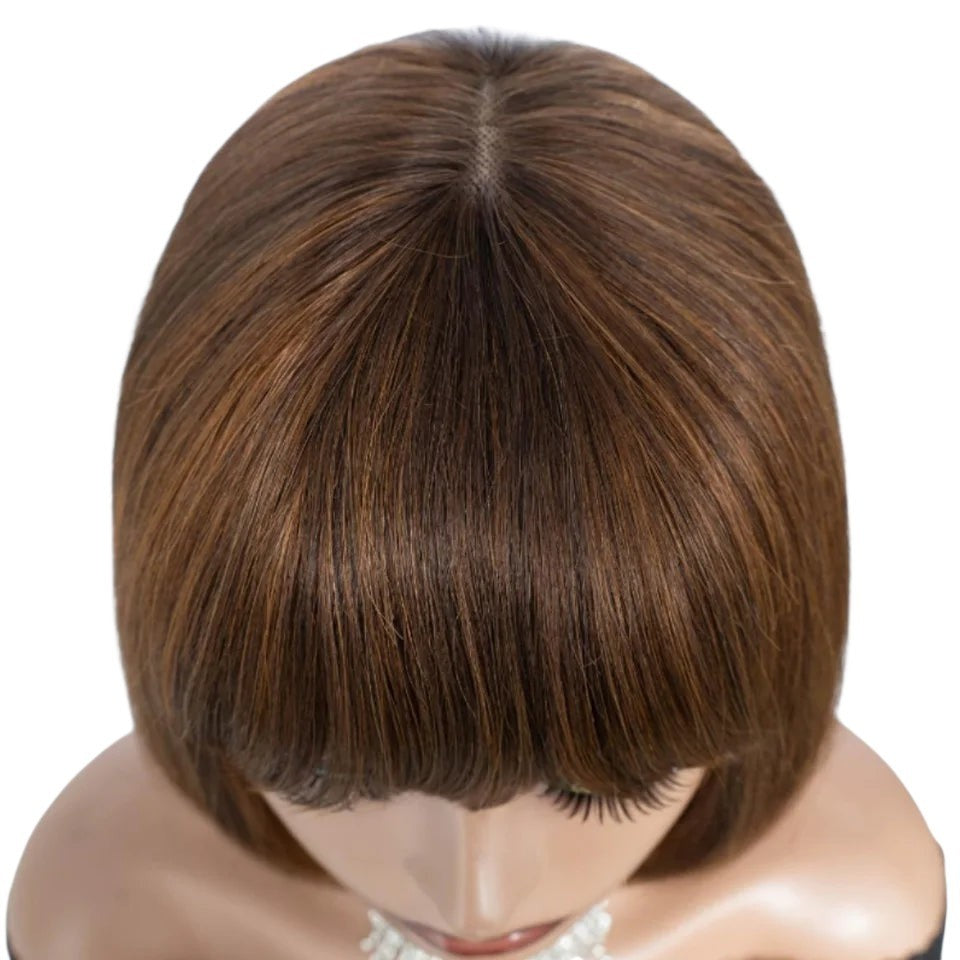 RitzWigs short straight brown bob wig with bangs and a realistic middle part on a mannequin head