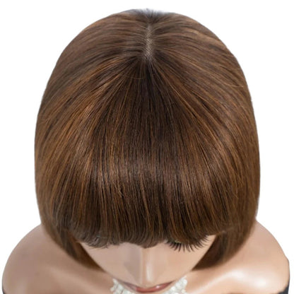 RitzWigs short straight brown bob wig with bangs and a realistic middle part on a mannequin head