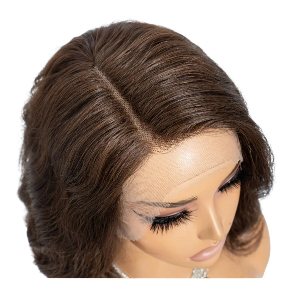 RitzWigs natural brown body wave human hair bob wig with transparent HD lace front and pre-plucked hairline