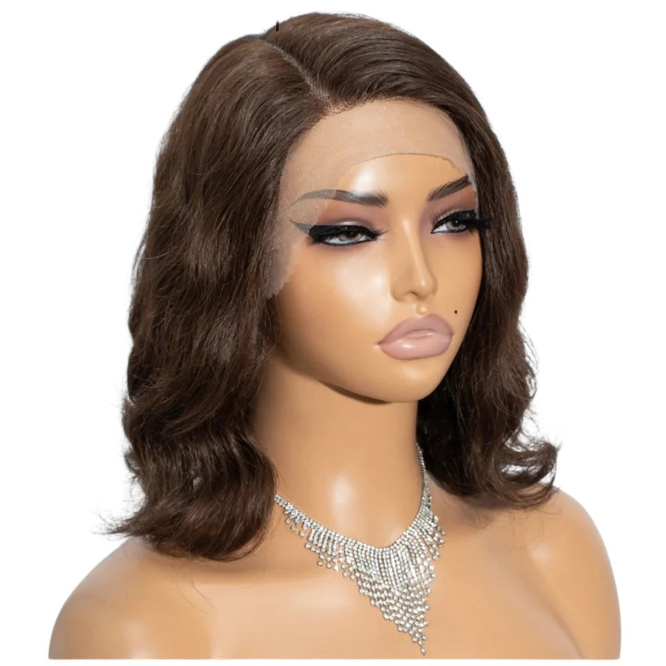 RitzWigs short brown body wave human hair bob wig with transparent HD lace front on a mannequin