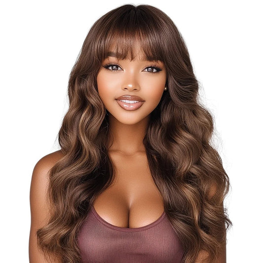 RitzWigs natural brown Brazilian human hair wig with body wave texture and bangs worn by a smiling model
