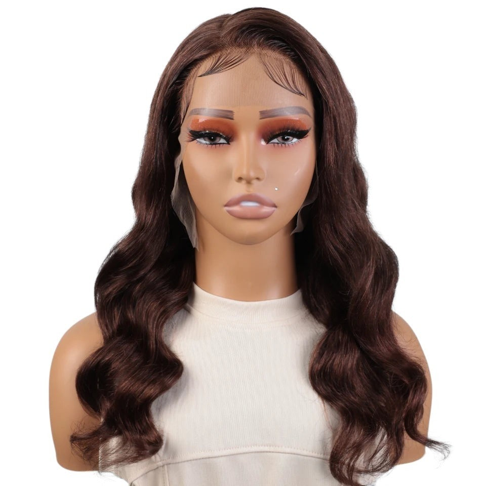 RitzWigs natural brown body wave lace frontal wig made of Remy human hair with pre-plucked hairline on a mannequin.
