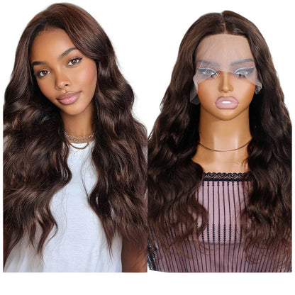 RitzWigs long brown body wave human hair lace front wig with pre-plucked HD lace on a model and mannequin head.