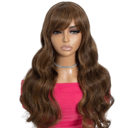RitzWigs natural brown Brazilian human hair wig with body waves and bangs on a mannequin head