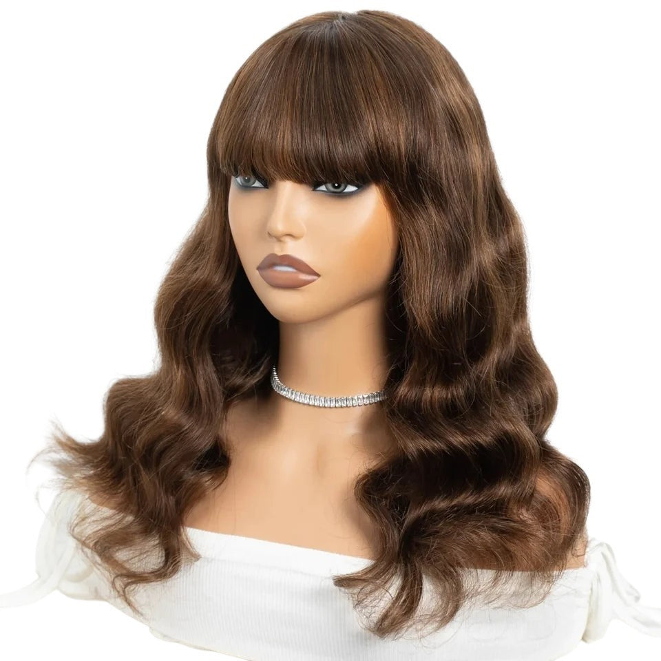 RitzWigs brown body wave human hair wig with bangs on a mannequin, featuring a natural wavy texture and fringe.
