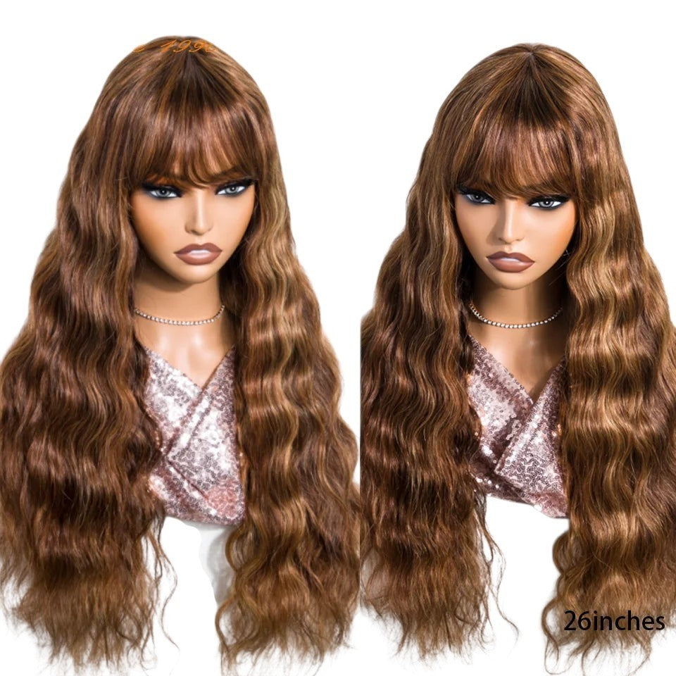 RitzWigs body wave human hair wig with bangs in a multi-tonal brown highlight colour on a mannequin head.