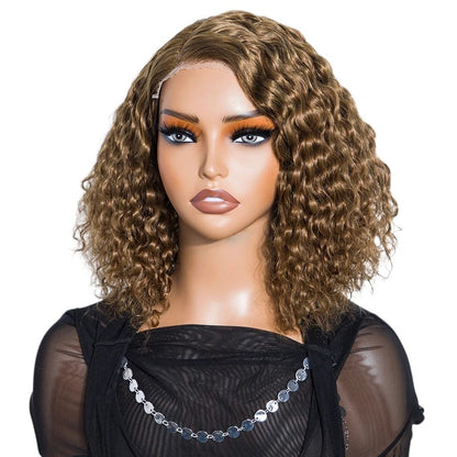RitzWigs short brown water wave bob wig on a mannequin with transparent lace front and natural curly texture