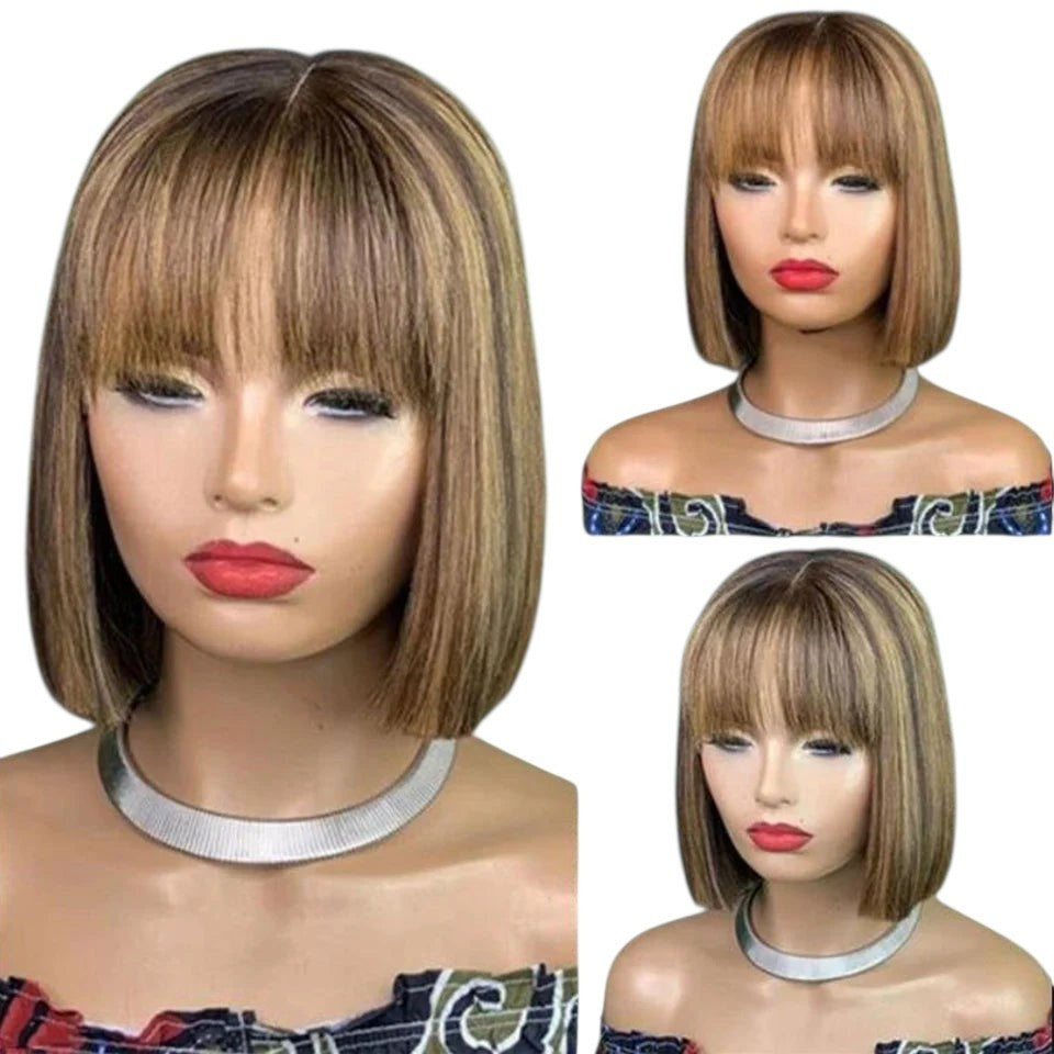 RitzWigs brown highlighted straight bob human hair wig with bangs on a mannequin head