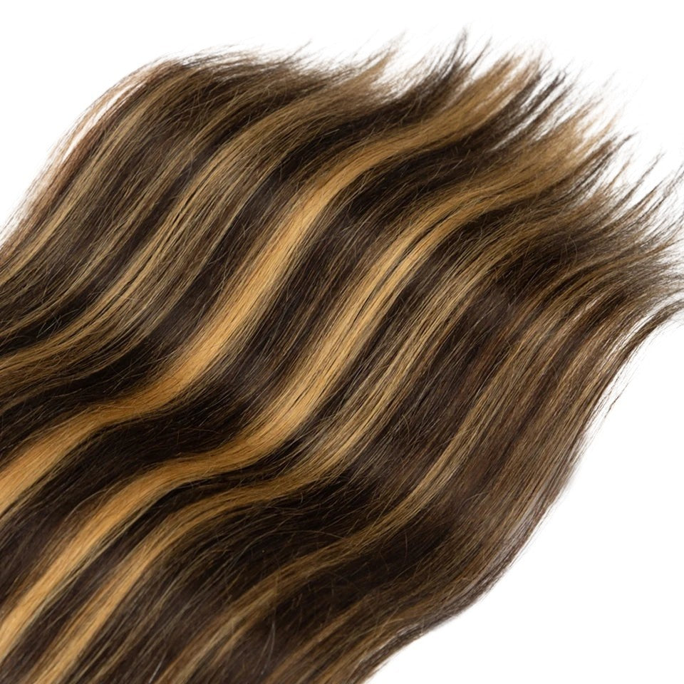 RitzWigs straight human hair extensions in a P4/27 brown and honey blonde highlighted colour blend