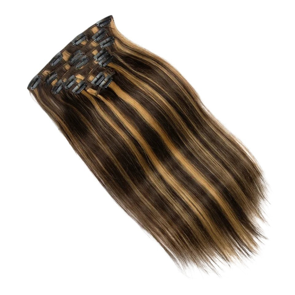 RitzWigs straight brown and honey blonde highlight human hair clip-in extensions with double weft design