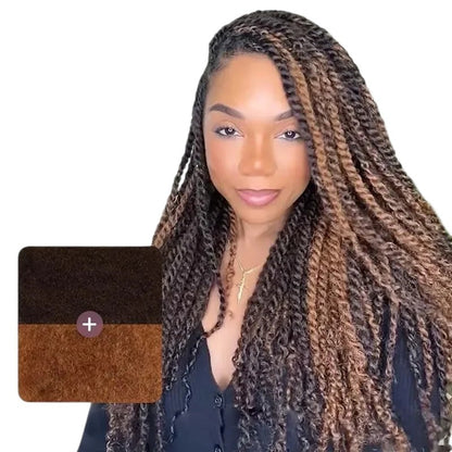 RitzWigs brown kinky curly human hair extensions for braiding, styled in long twists on a smiling woman.