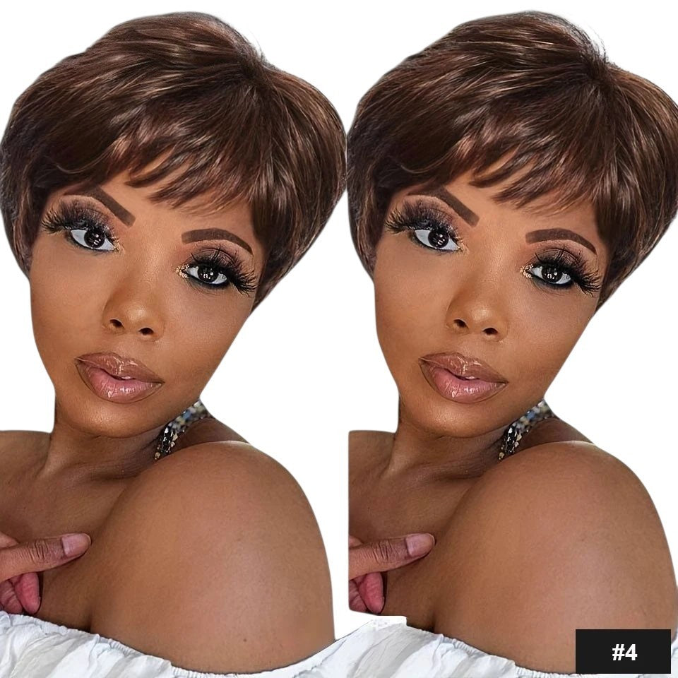 RitzWigs pixie cut bob wig with bangs in a rich brown shade worn by a model with natural makeup and long lashes.