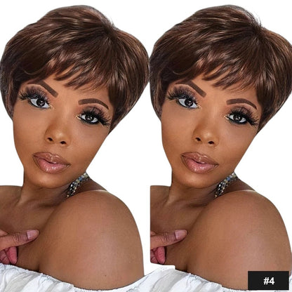 RitzWigs pixie cut bob wig with bangs in a rich brown shade worn by a model with natural makeup and long lashes.