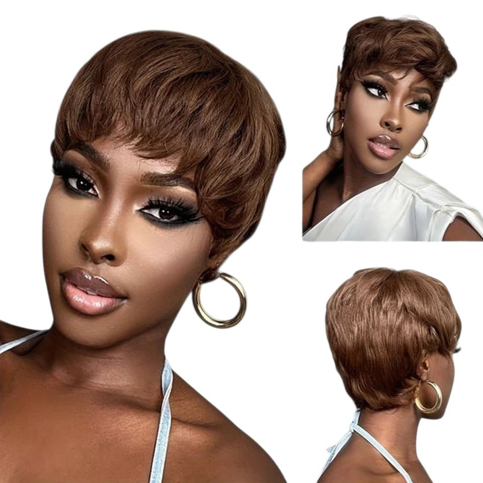 RitzWigs brown pixie cut human hair wig with bangs worn by a model with gold hoop earrings