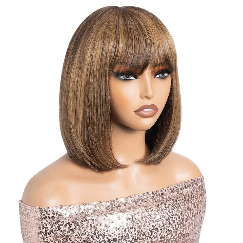 RitzWigs short brown straight human hair bob wig with bangs and realistic lace scalp on a mannequin head