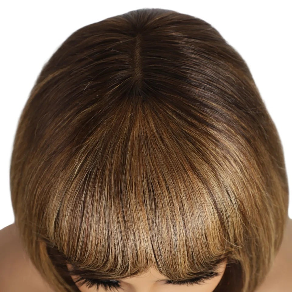 RitzWigs brown straight bob human hair wig with bangs and realistic middle part scalp