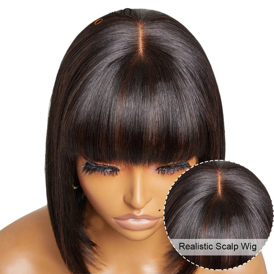 RitzWigs brown straight bob human hair wig with bangs and realistic scalp lace top for a natural look